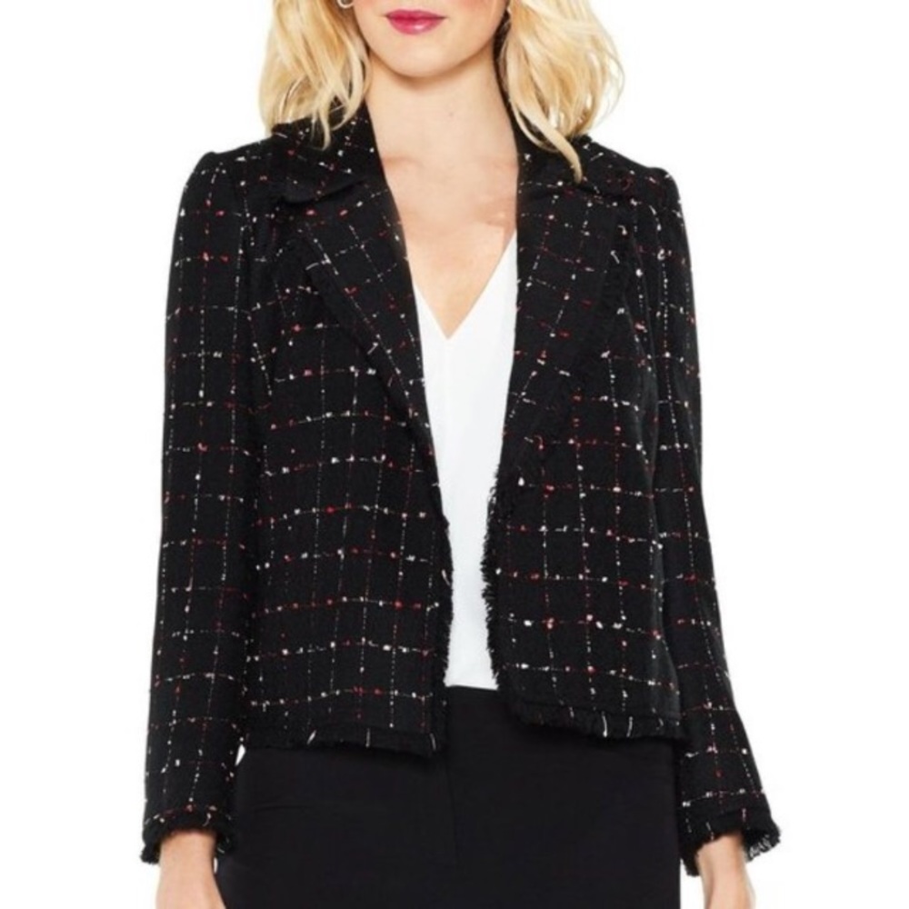 Vince Camuto tweed fringe windowpane blazer